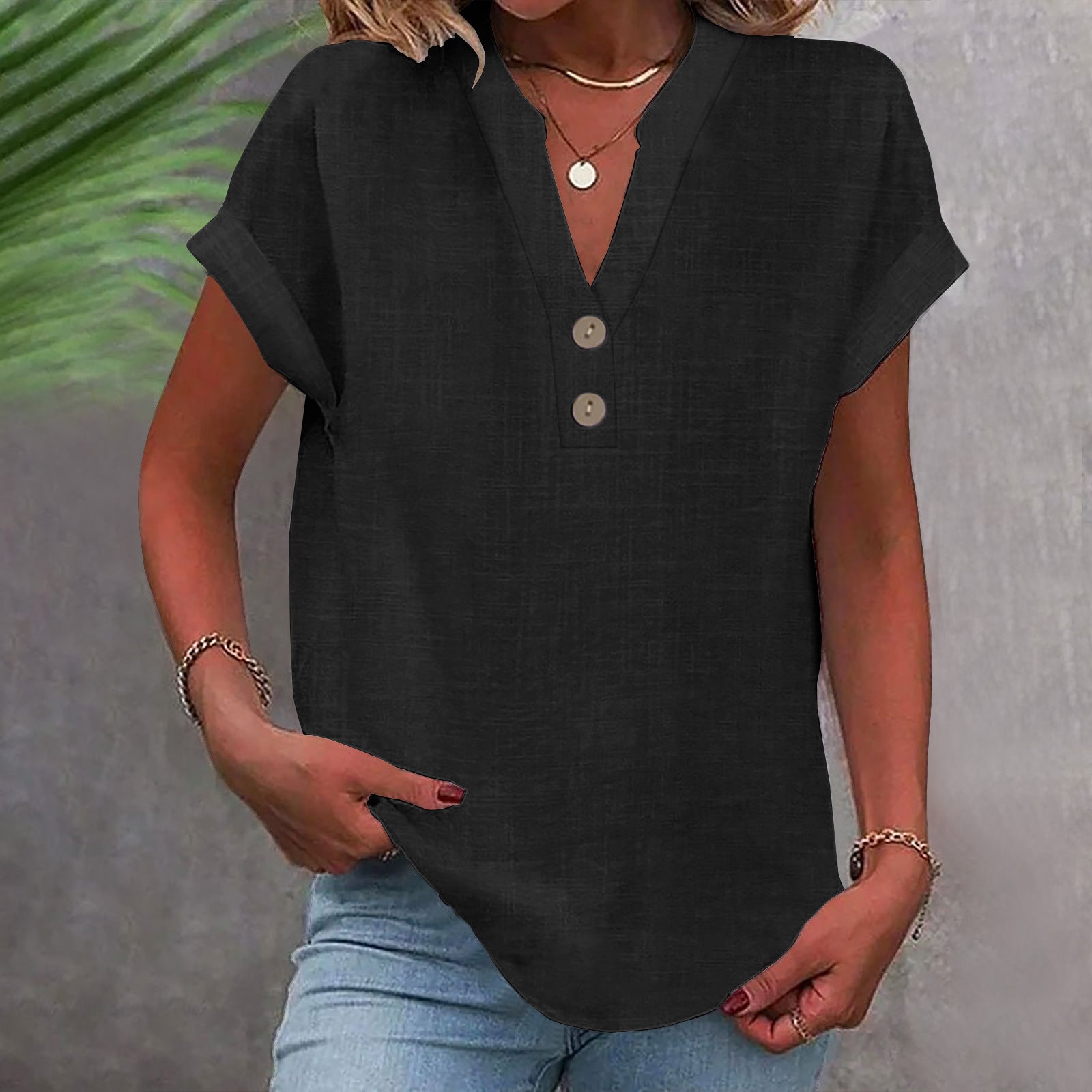 Women’s Stand Collar Cotton Short Sleeve Top