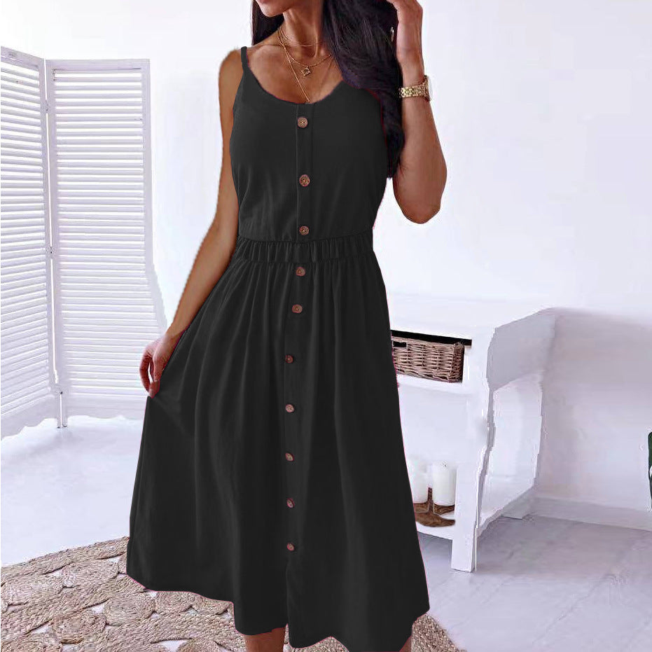 Women’s Solid Color High Waist Sling Midi Dress