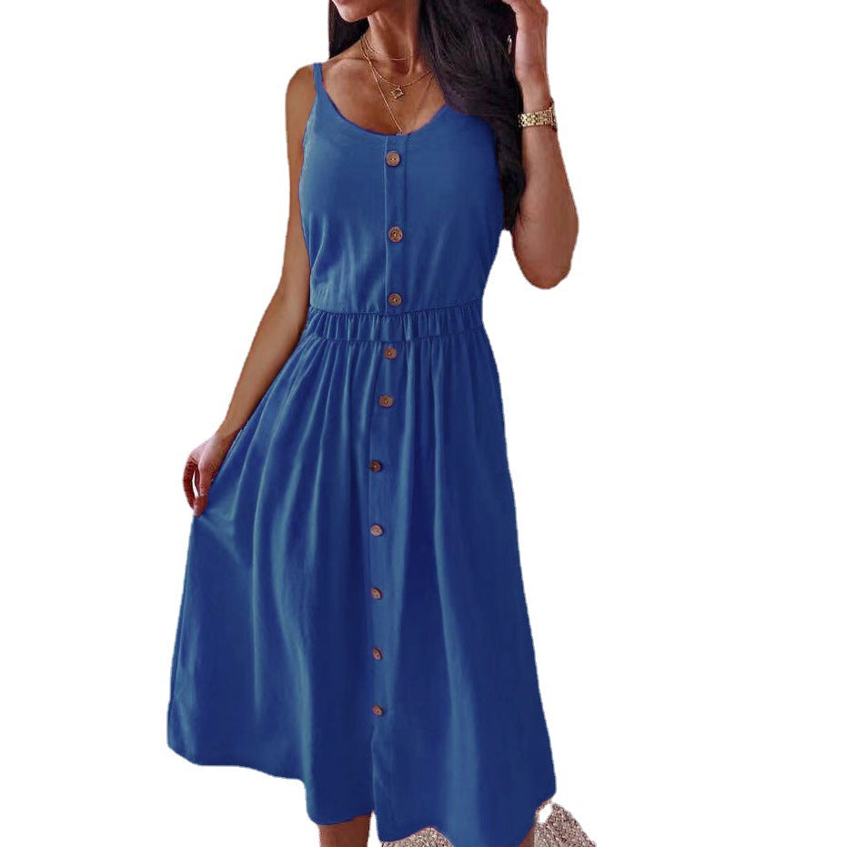Women’s Solid Color High Waist Sling Midi Dress