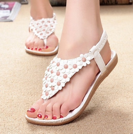 Flat bottom flower rhinestone boho female sandals