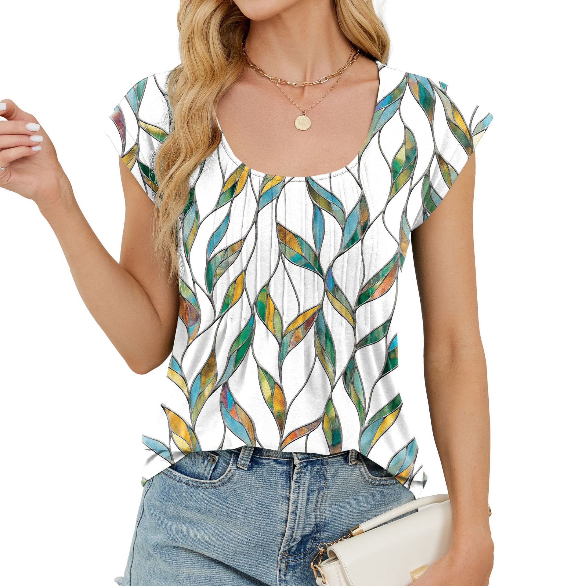 Geometric Print Loose Short Sleeve Top