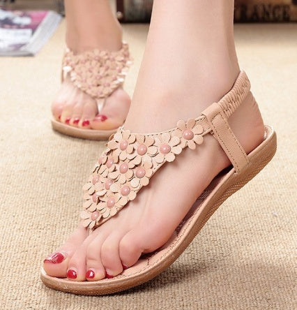 Flat bottom flower rhinestone boho female sandals