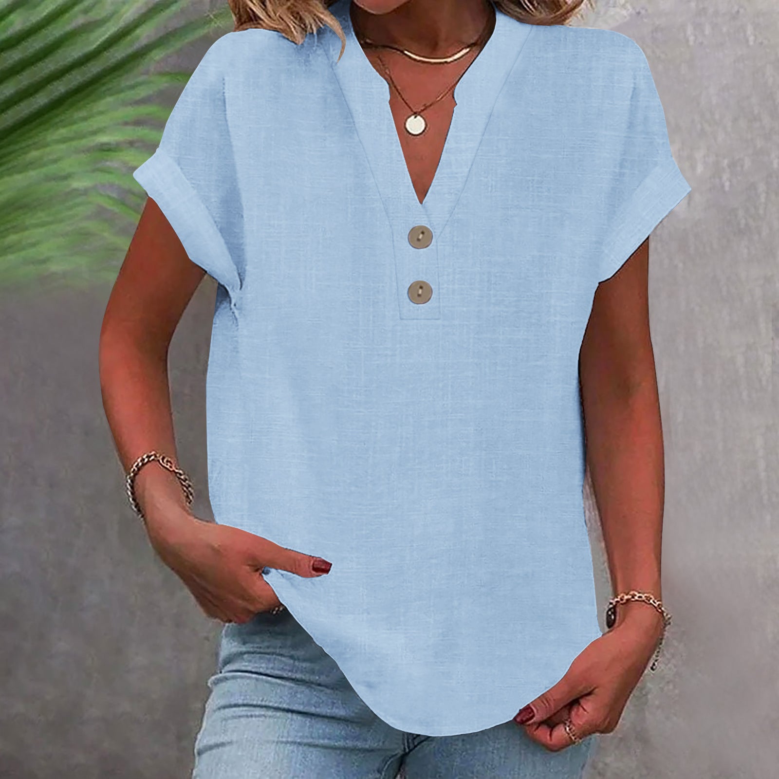Women’s Stand Collar Cotton Short Sleeve Top
