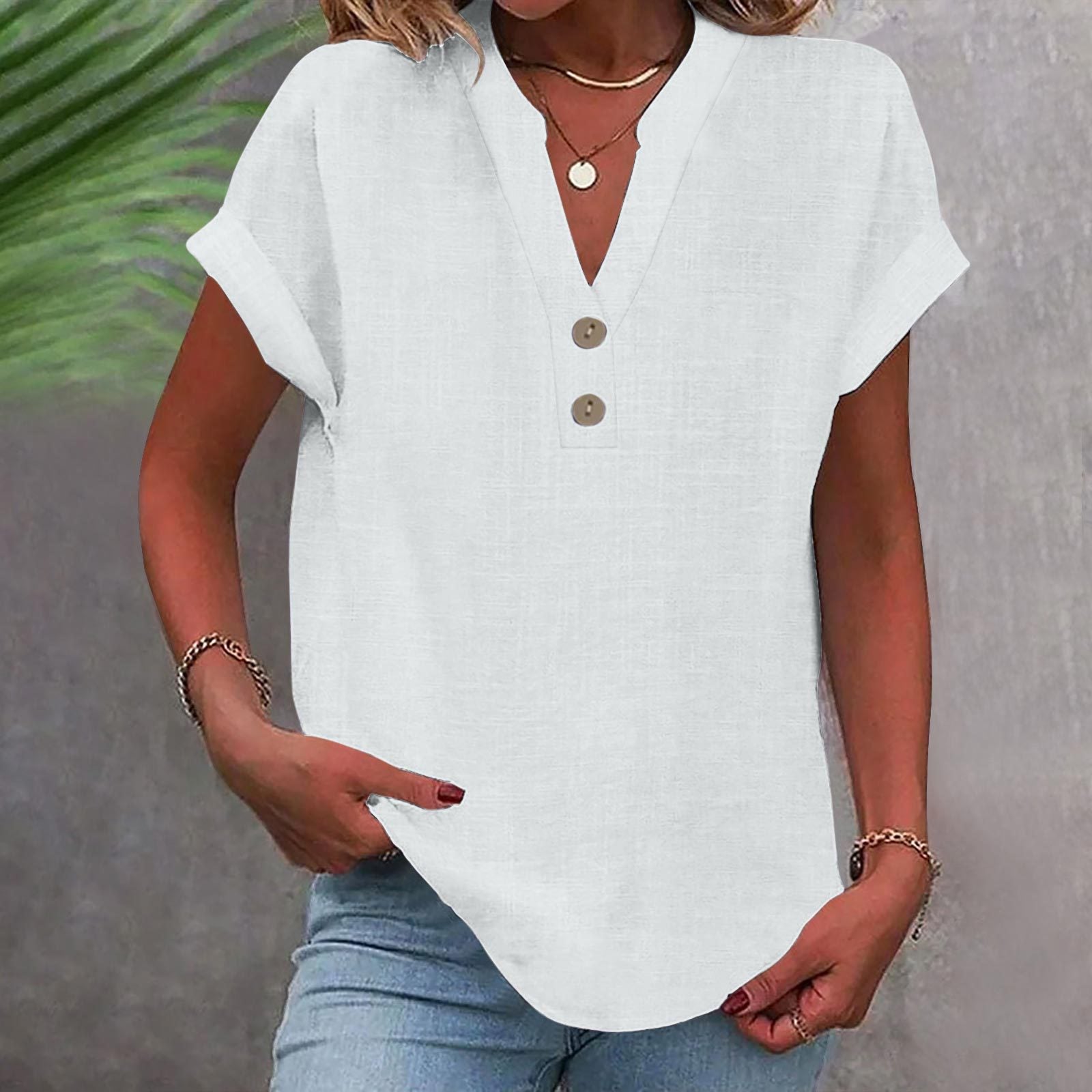 Women’s Stand Collar Cotton Short Sleeve Top