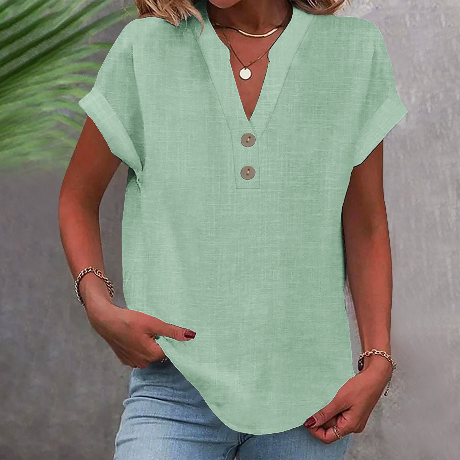 Women’s Stand Collar Cotton Short Sleeve Top