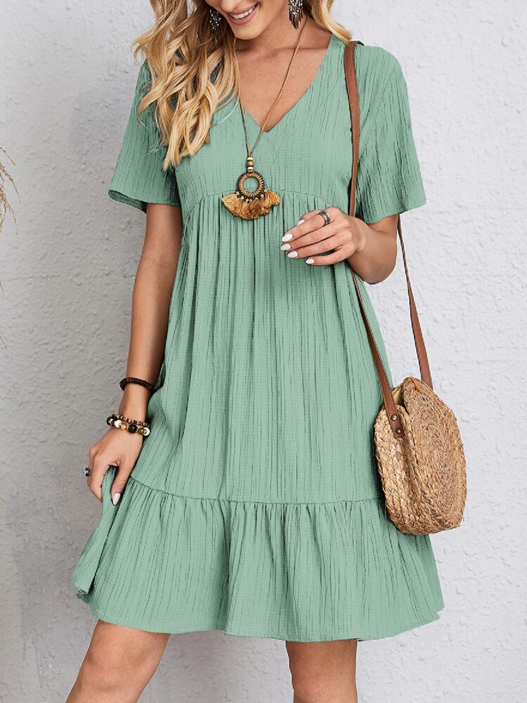 Women’s V-Neck Loose Ruffled Short Sleeve Dress