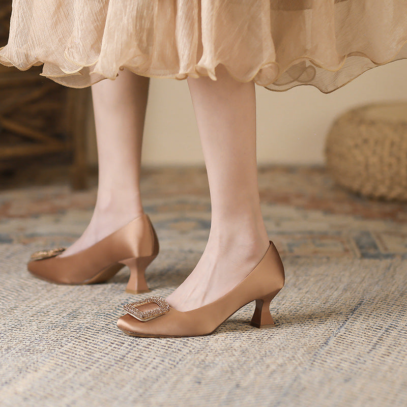 Rhinestone Square Toe High Heels