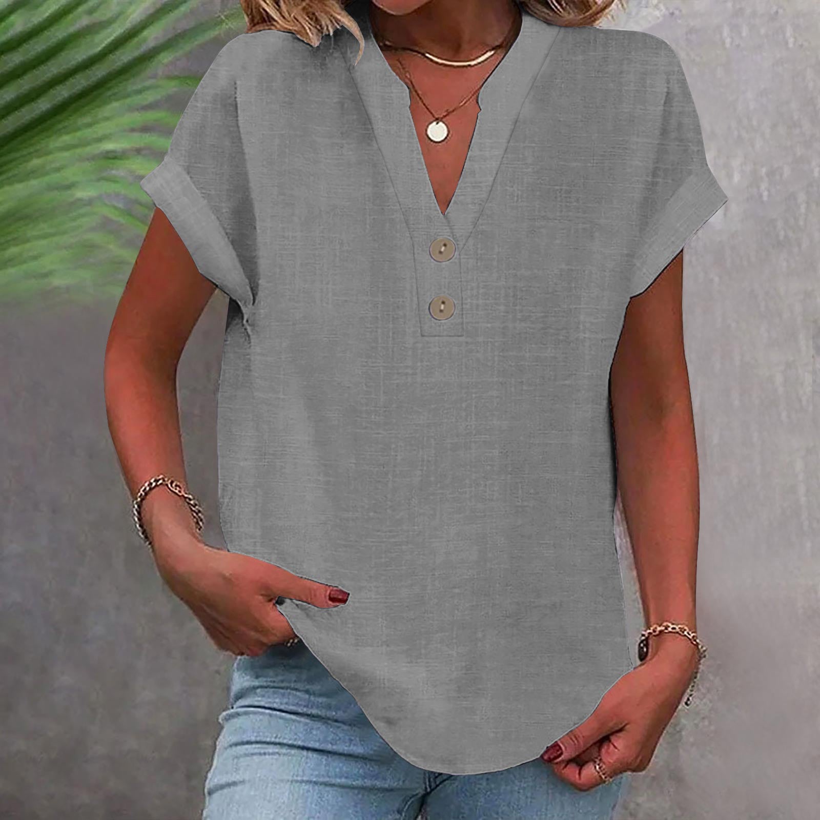 Women’s Stand Collar Cotton Short Sleeve Top