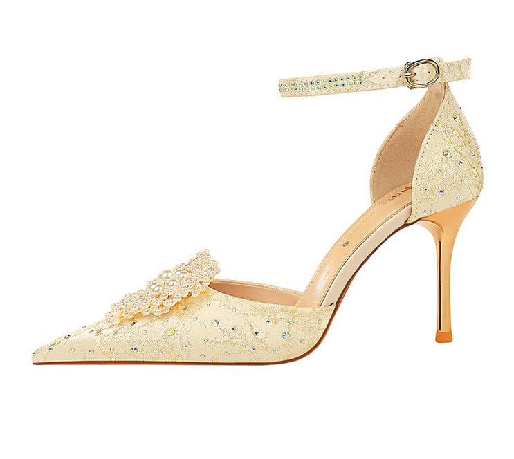 Pointed Toe Rhinestone Pearl Flower High Heels