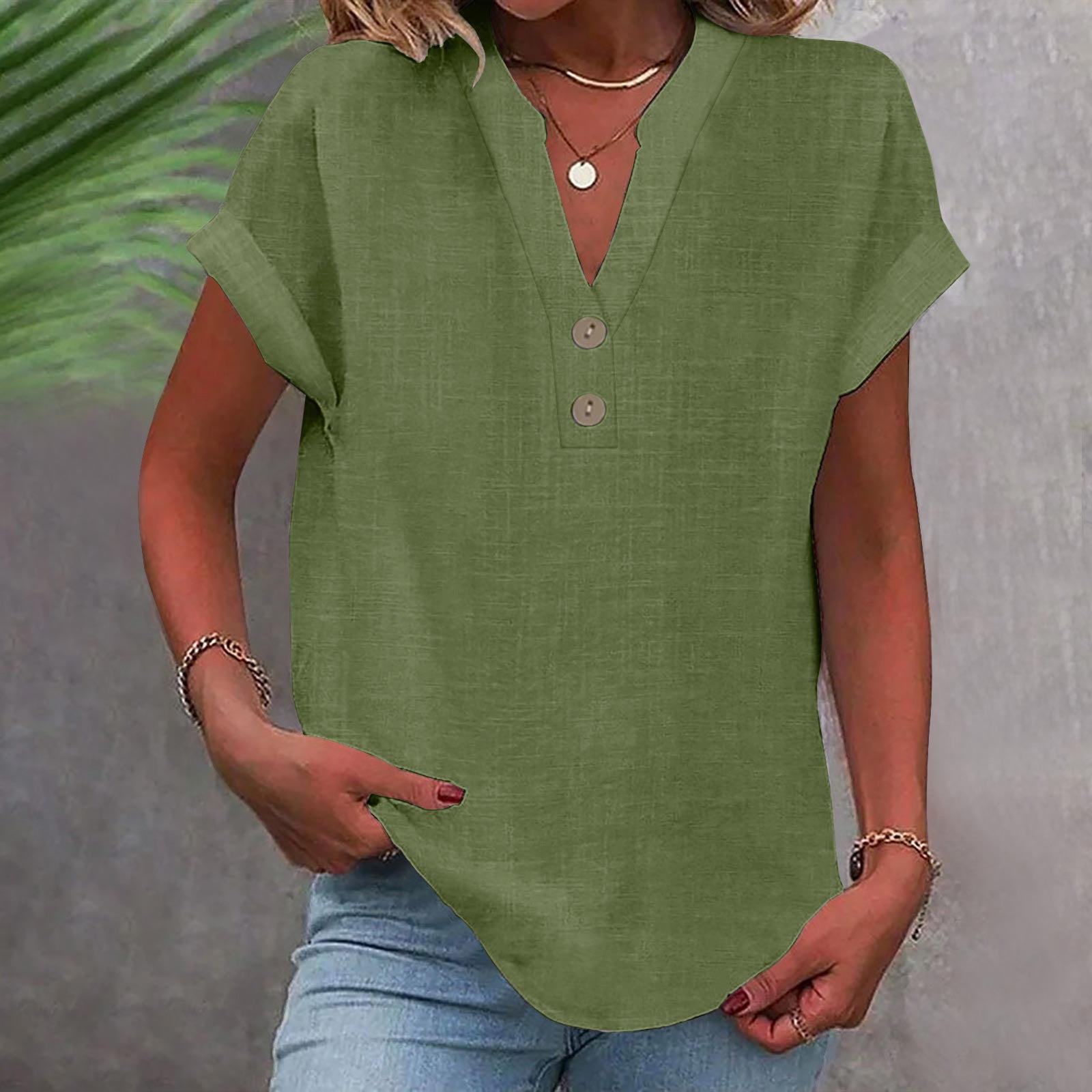 Women’s Stand Collar Cotton Short Sleeve Top