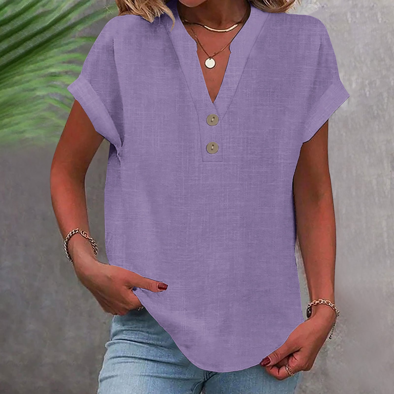 Women’s Stand Collar Cotton Short Sleeve Top
