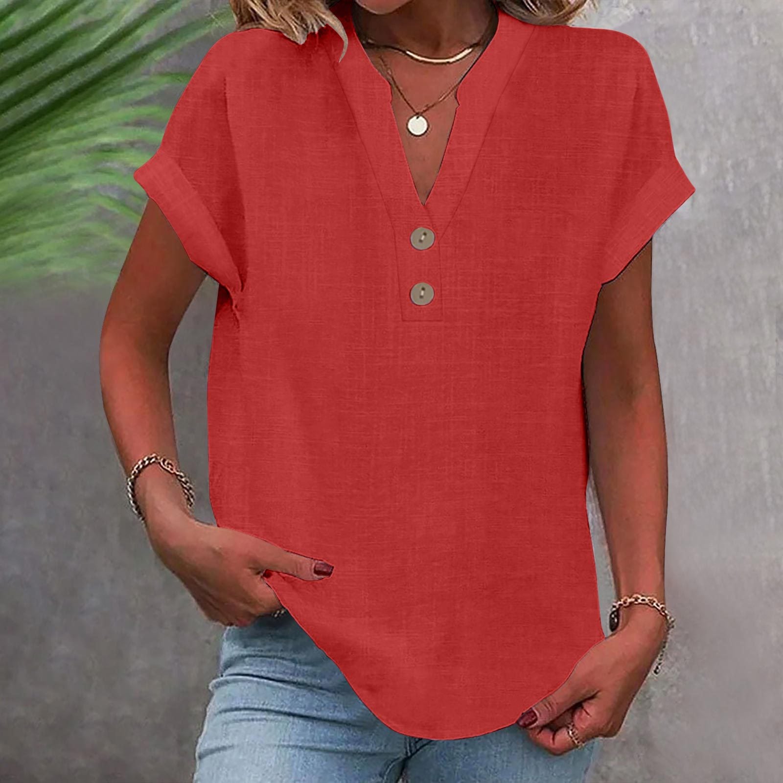 Women’s Stand Collar Cotton Short Sleeve Top