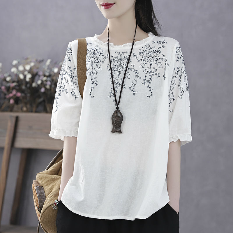 Printed Cotton Blend Retro Top for Women