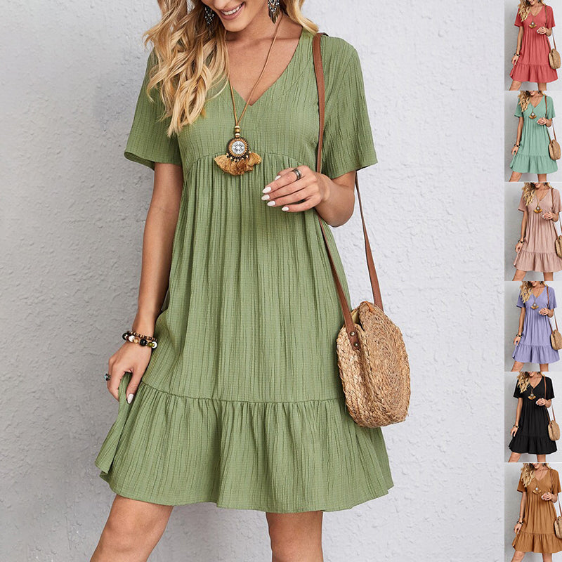 Women’s V-Neck Loose Ruffled Short Sleeve Dress