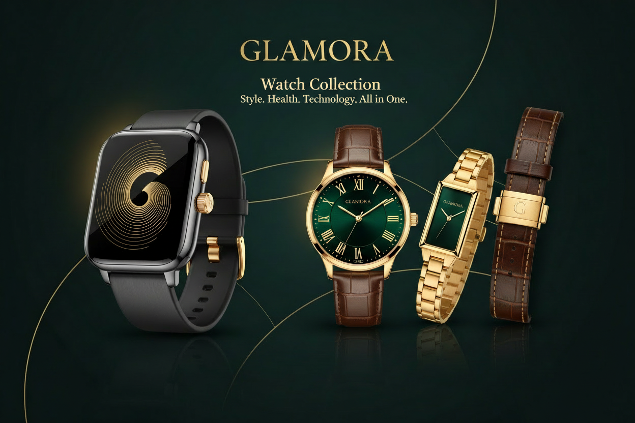 Create a luxury watch collection banner for the brand GLAMORA. Use a deep emerald green or matte black background with soft golden lighting. Place a premium smart watch on the left side in a 3D close-up angle with realistic reflections and a slight golden shine on the watch’s metal frame. On the right side, display two or three different watches in varying angles to show the collection – one front view, one side view, and one strap-focused shot.
Use elegant shadow effects under each watch and add a subtle c
