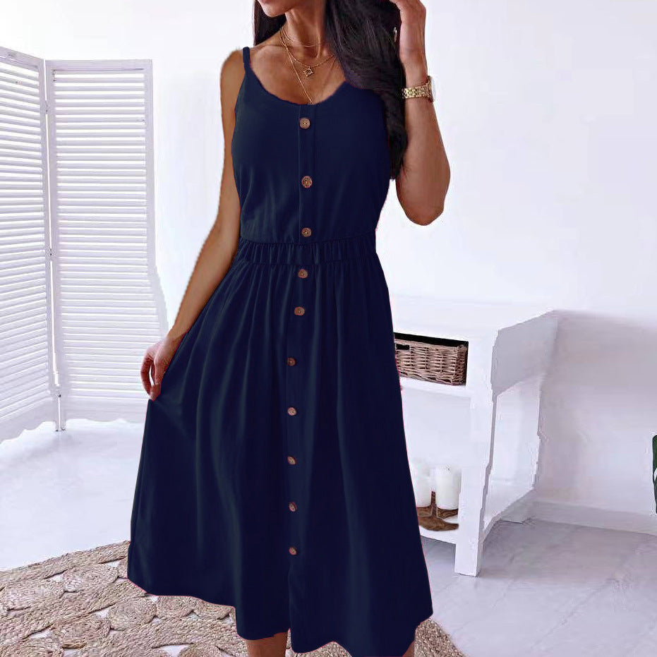 Women’s Solid Color High Waist Sling Midi Dress