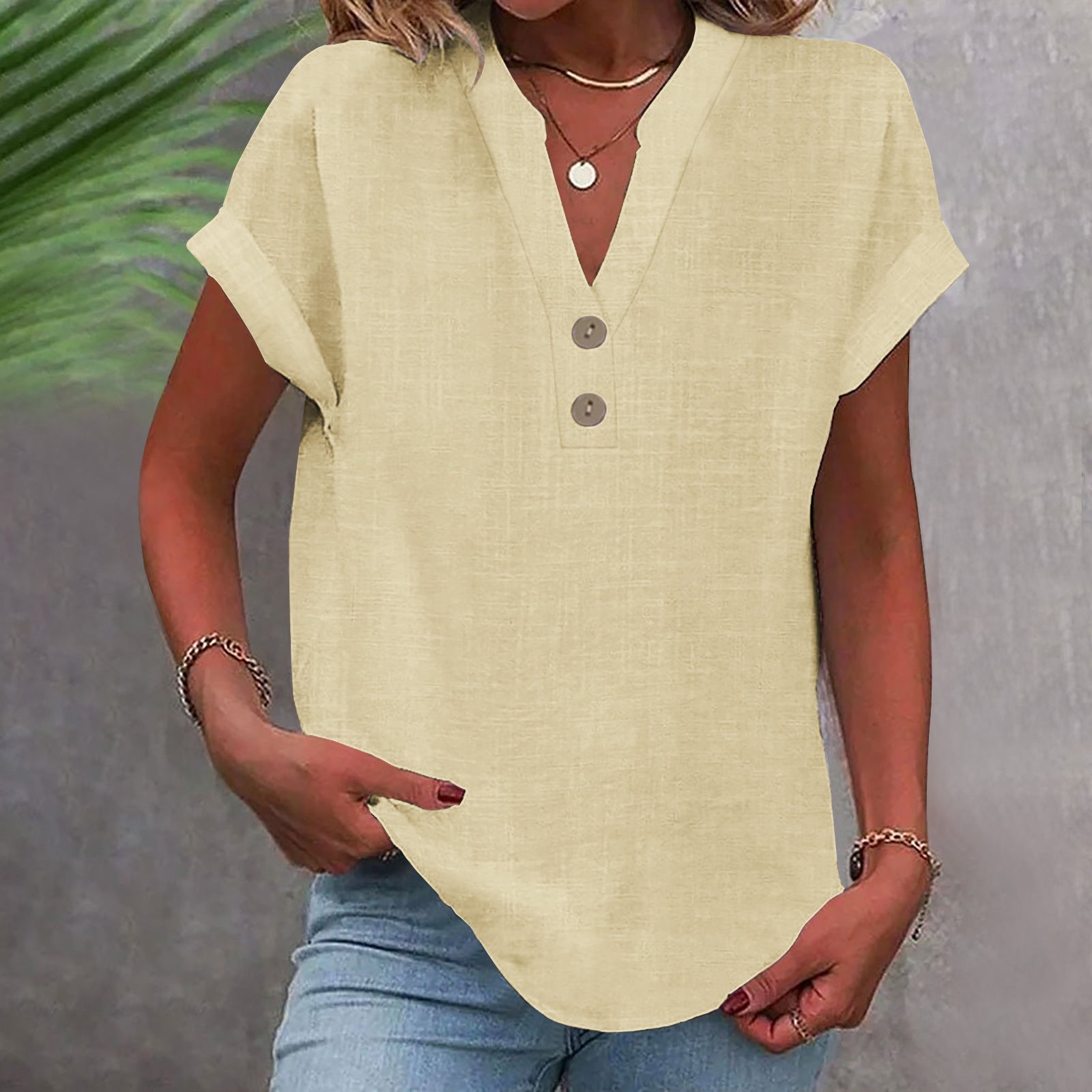 Women’s Stand Collar Cotton Short Sleeve Top