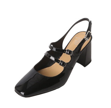 Square Toe Thick Heel Leather Sandals