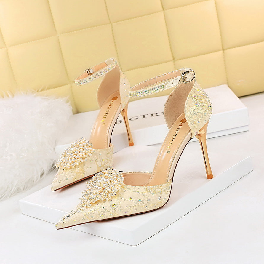 Pointed Toe Rhinestone Pearl Flower High Heels