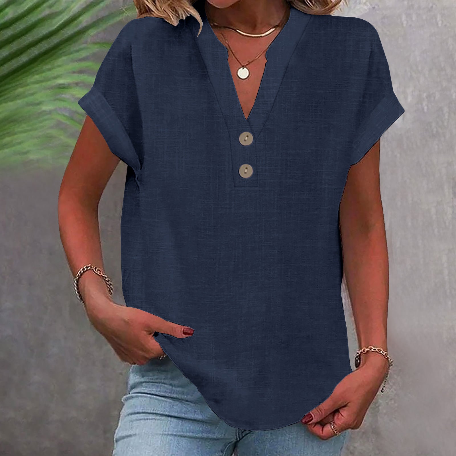 Women’s Stand Collar Cotton Short Sleeve Top