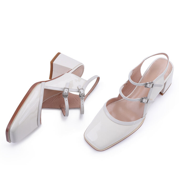 Square Toe Thick Heel Leather Sandals