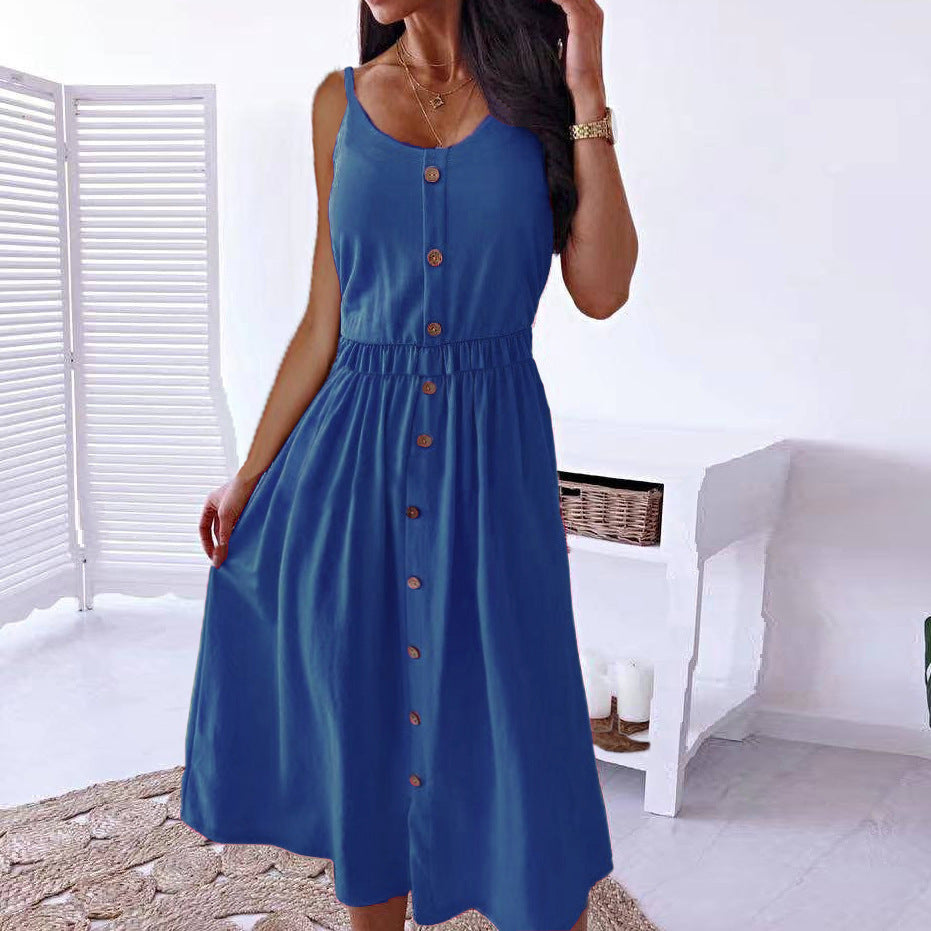 Women’s Solid Color High Waist Sling Midi Dress