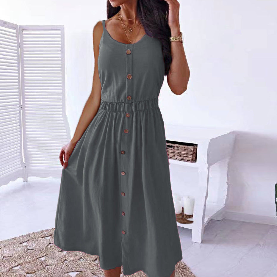 Women’s Solid Color High Waist Sling Midi Dress